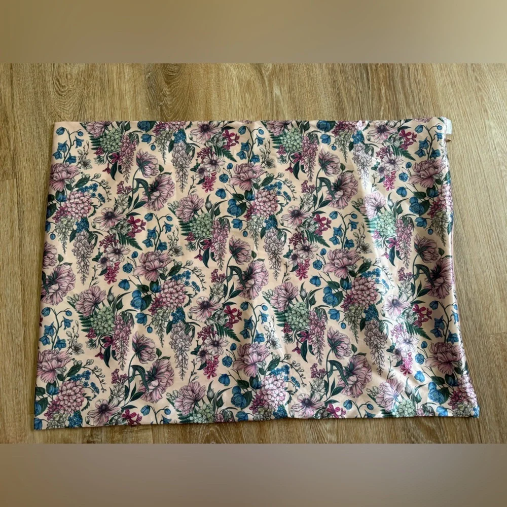 Kitsch Bridgerton Pink Satin Pillowcase with Blue & Purple Floral Accents
